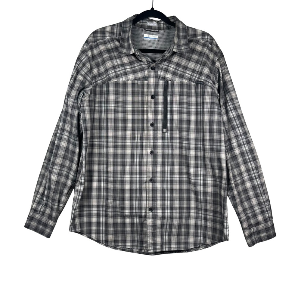 Columbia Button Down Shirt Mens Grey Plaid Regular Fit Outdoor Hiking Size Large